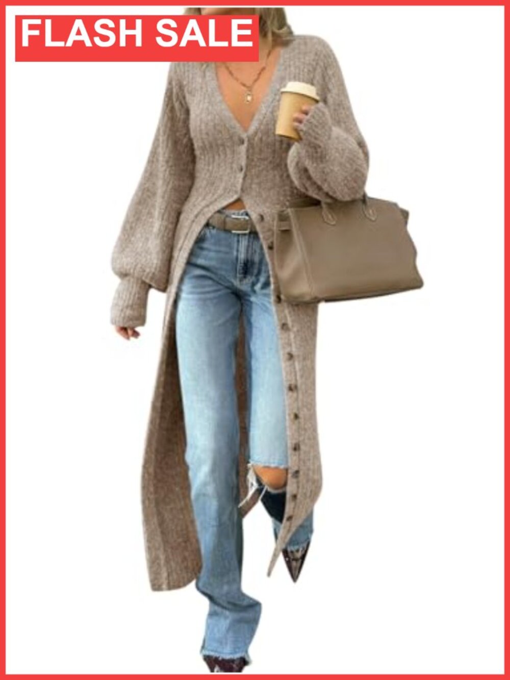 Chunky Knit Long Duster Cardigan Button Down Maxi Sweater Dress V-Neck